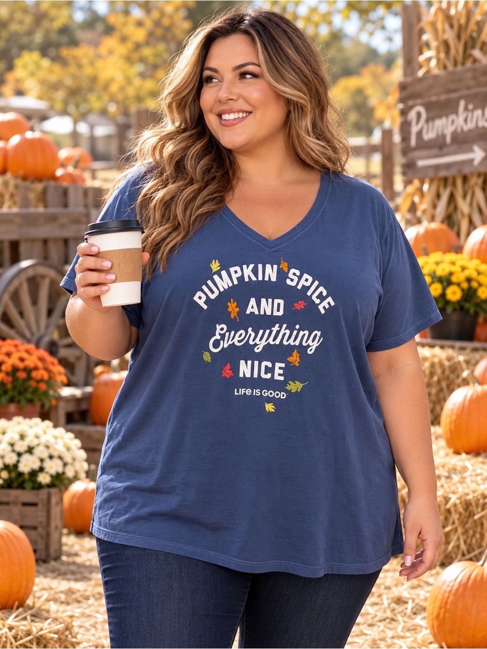 Life Is Good Blue Pumpkin Spice & Everything Nice V-Neck Tee Size XXXL